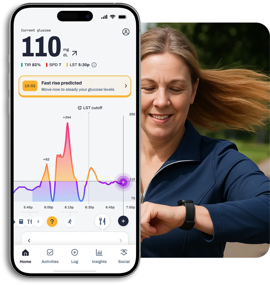 Glucose monitoring app showing blood sugar levels with smiling user