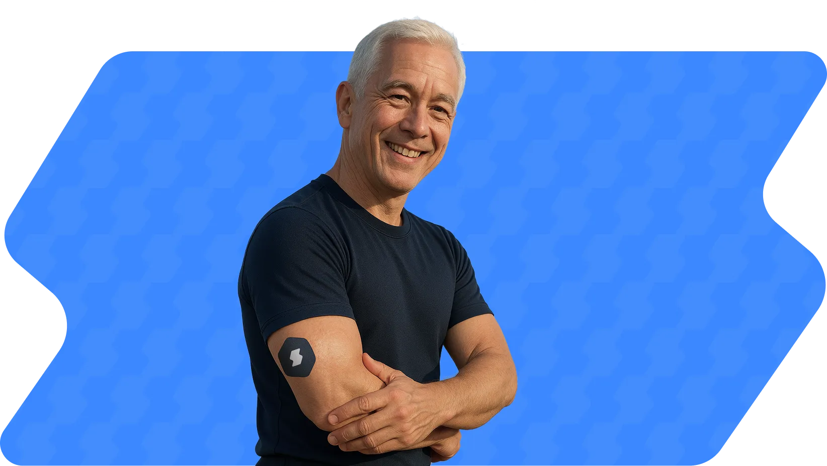 Smiling older man in black shirt with fitness tracker on blue background