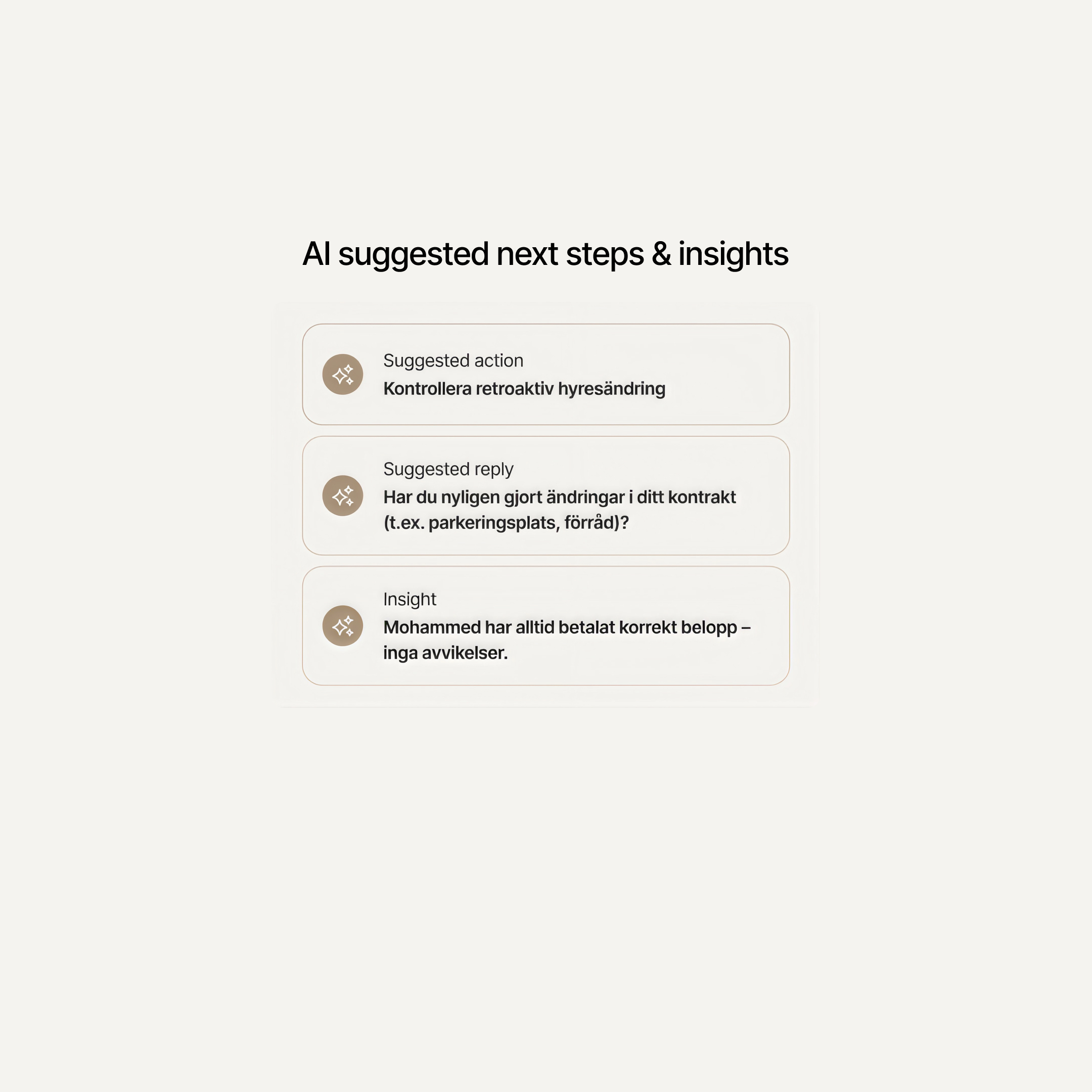 AI-suggested next action, suggested reply and insight cards
