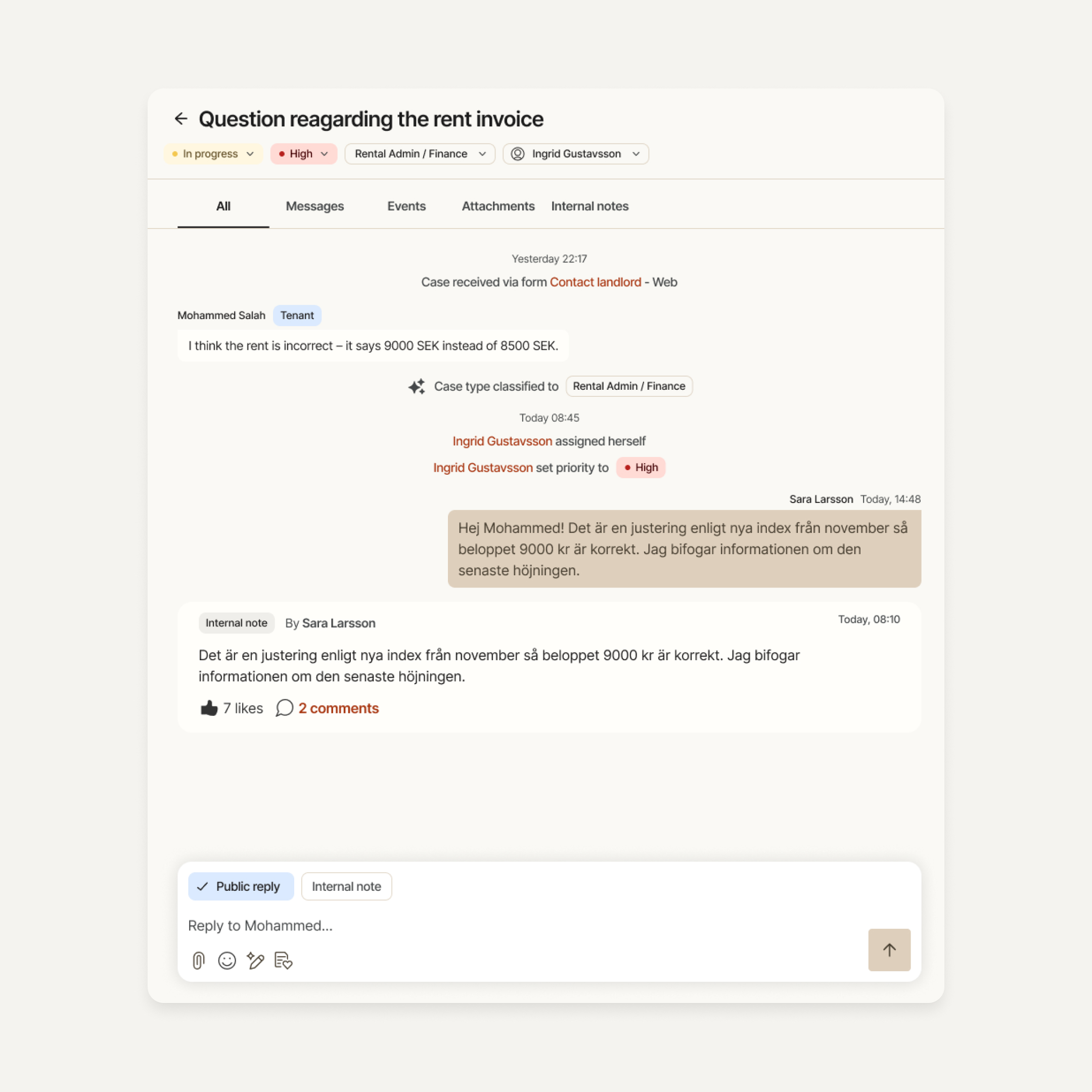 Case timeline showing AI classification next to messages and events