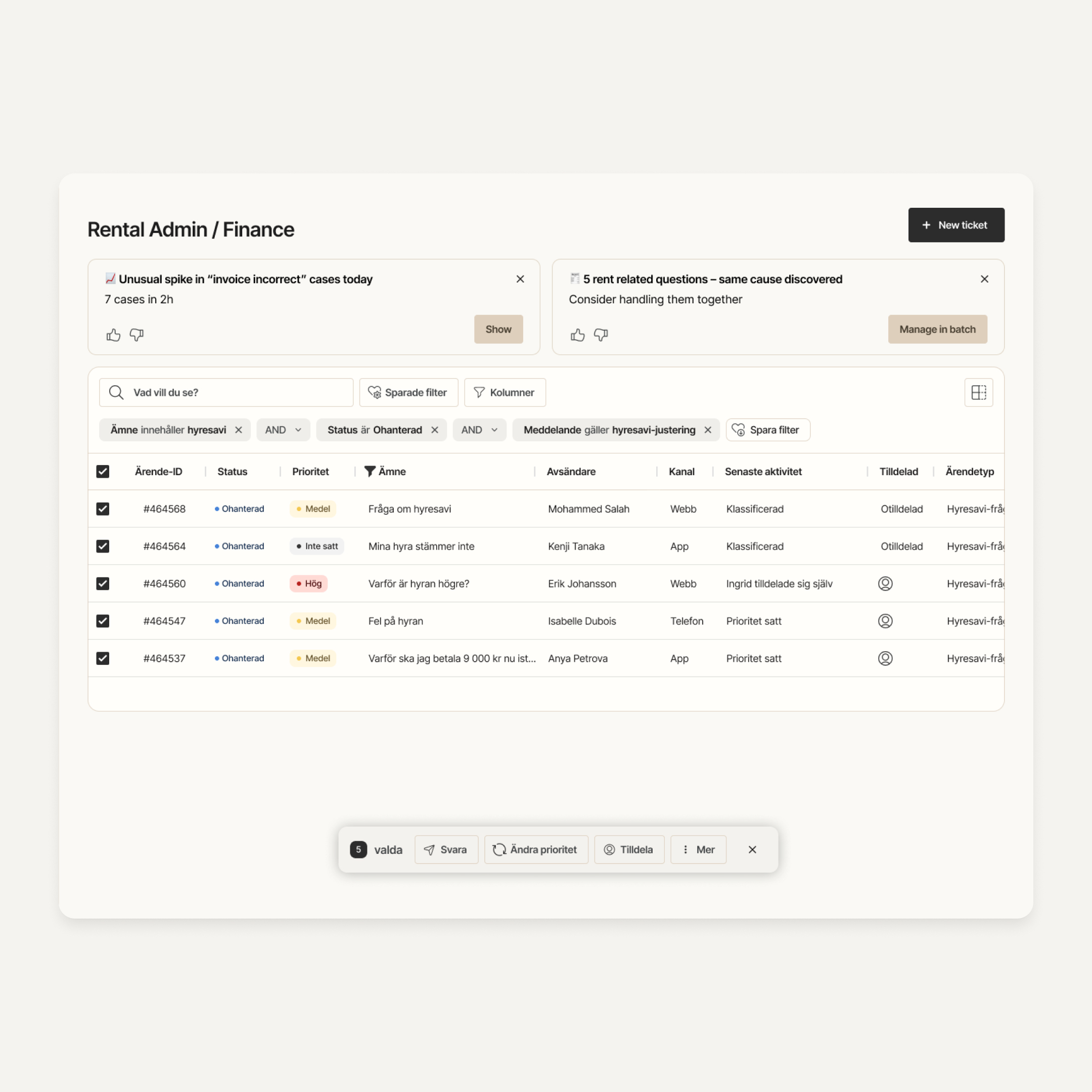 Case list with AI insight cards and five related cases selected for batch handling