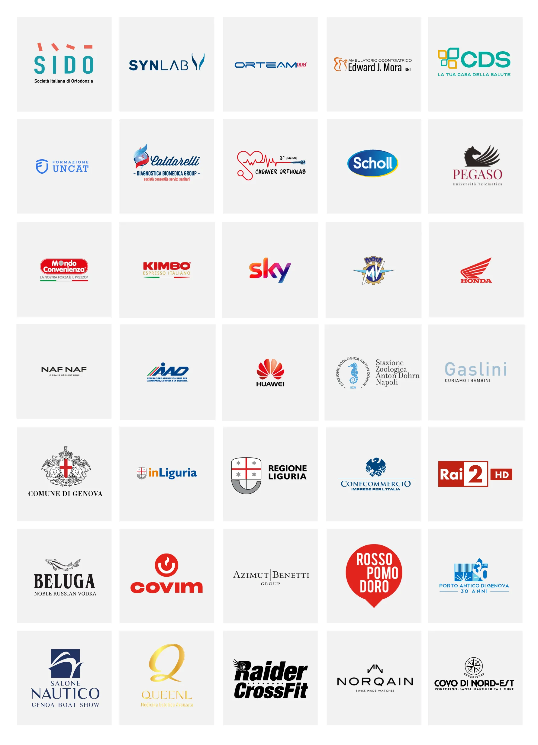 Loghi dei clienti di AW Creative Studio, tra cui Regione Liguria, Comune di Genova, Gaslini, SYNLAB, Rai 2, Sky, Huawei, Honda, Covim, Azimut Benetti e Salone Nautico