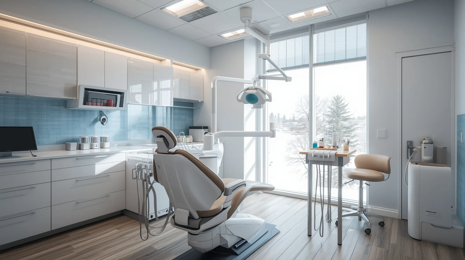 Intérieur d'une clinique dentaire moderne avec fauteuil dentaire et équipement numérique disponible en financement au Canada