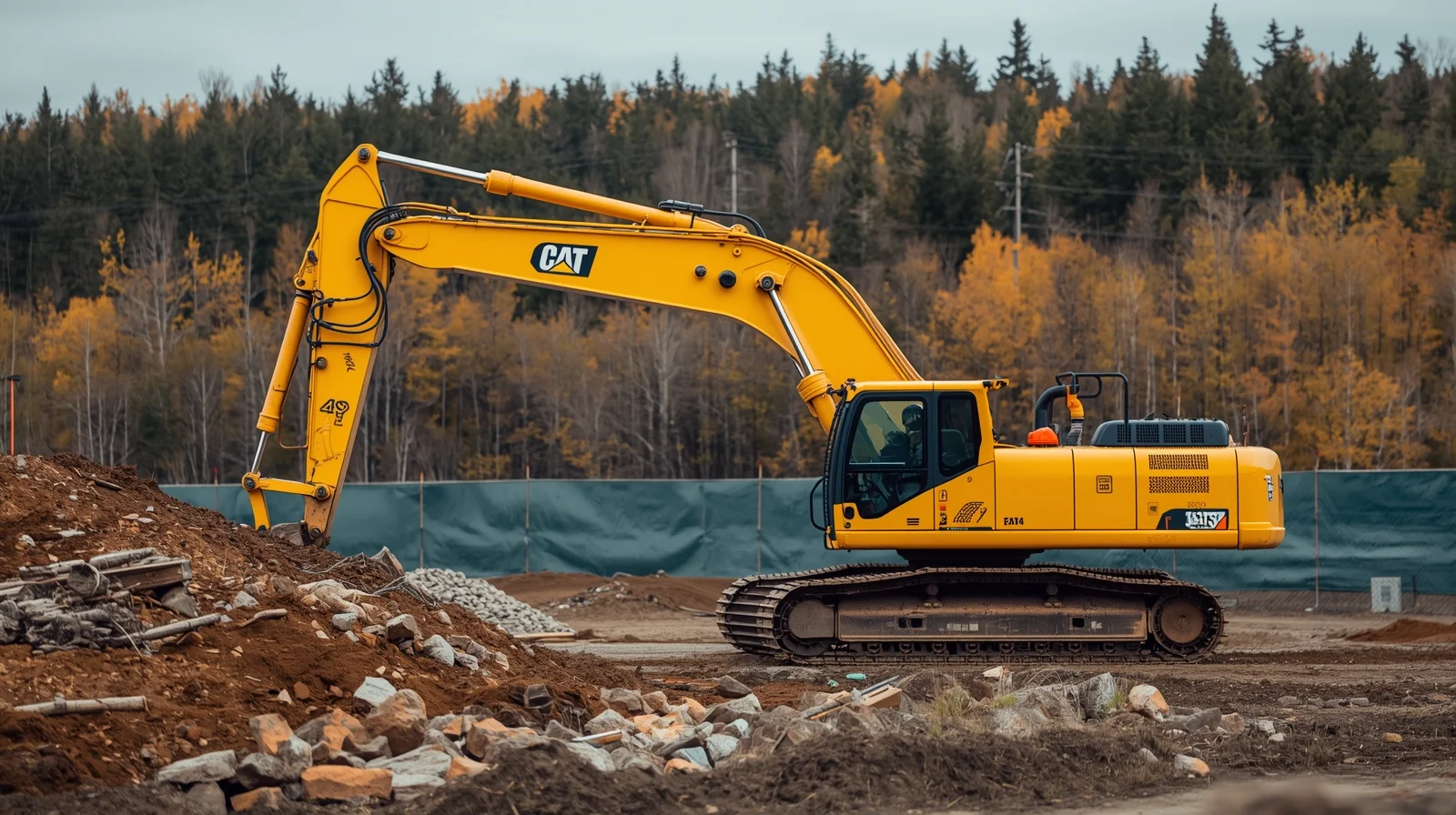 Yellow excavator on construction site in Quebec available for equipment financing