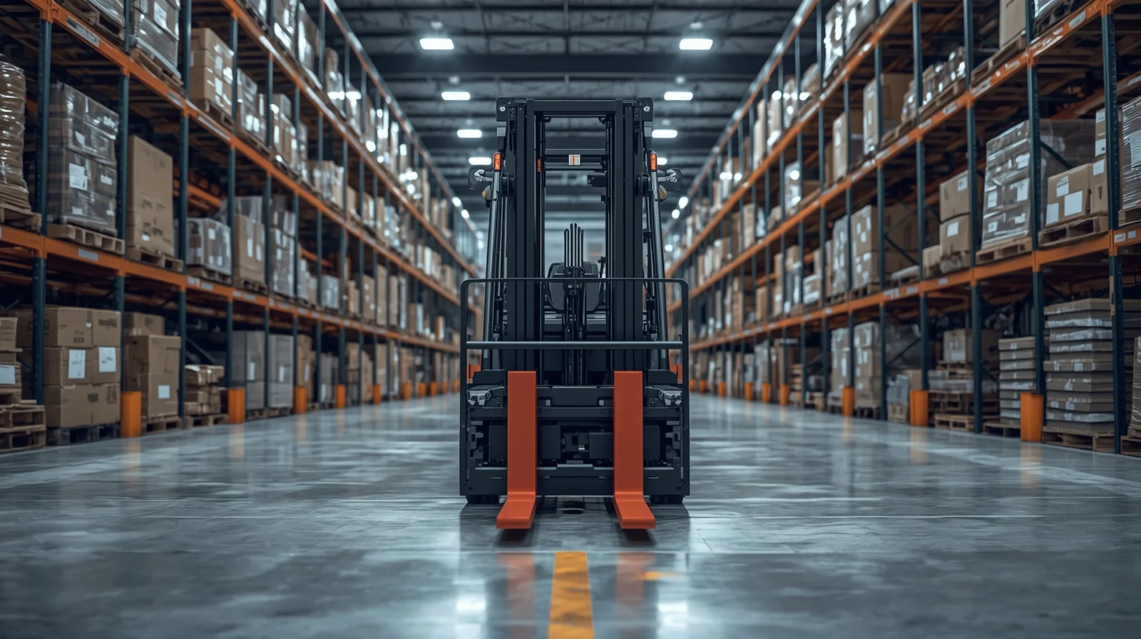 Electric forklift facing forward in a modern Canadian warehouse facility, tall storage racks loaded with pallets and boxes on both sides