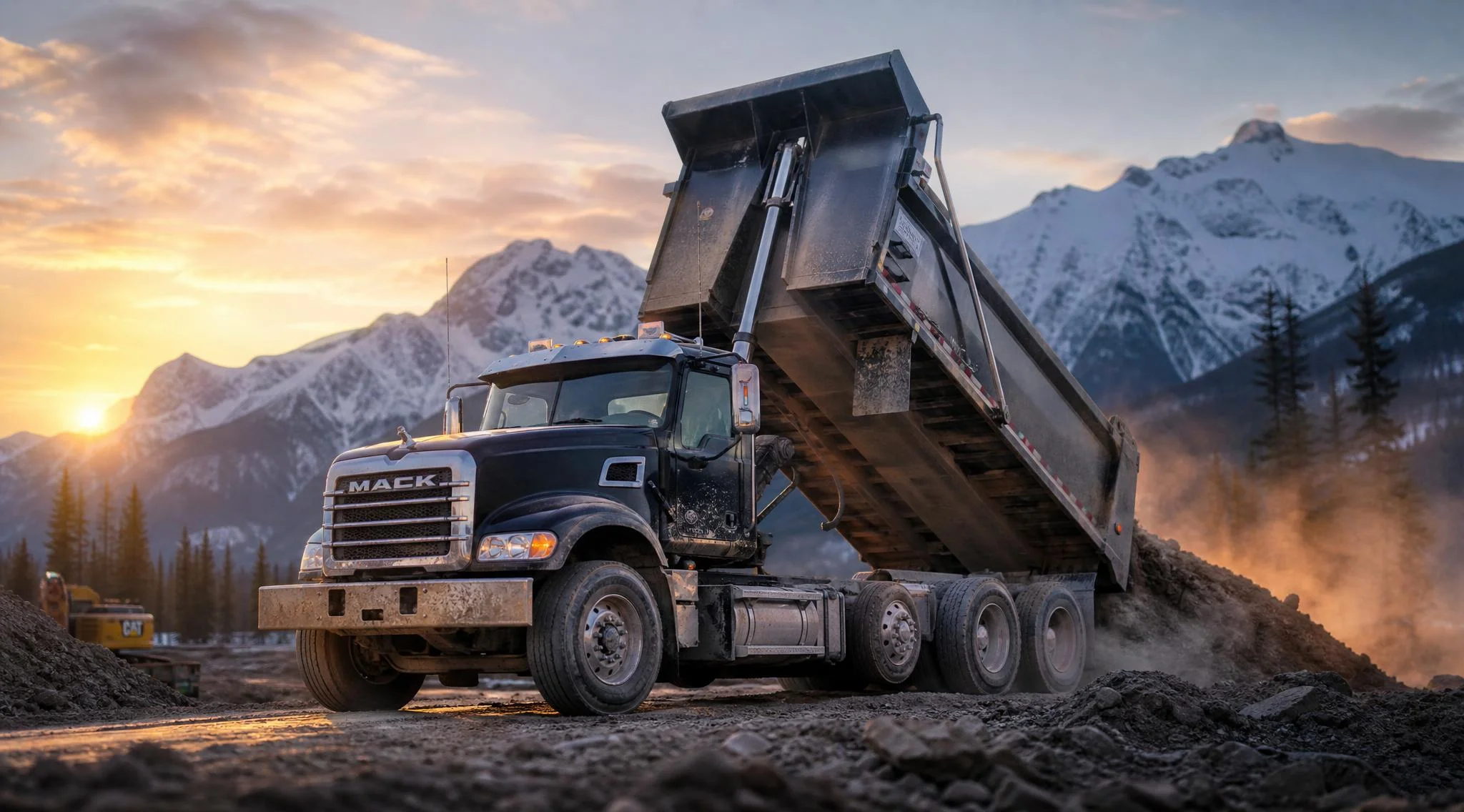 Heavy-duty Mack dump truck unloading earth at a Canadian construction site at sunset