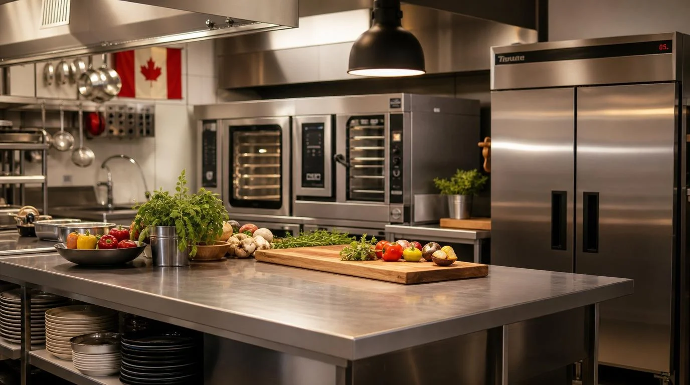 Professional commercial kitchen with convection oven, stainless steel refrigerator and prep counter