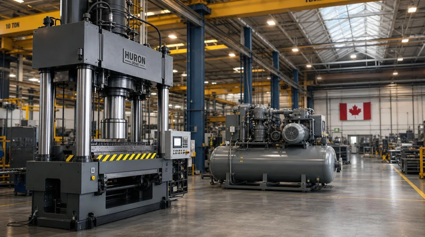 Industrial facility floor with hydraulic press and heavy machinery used in Canadian manufacturing operations