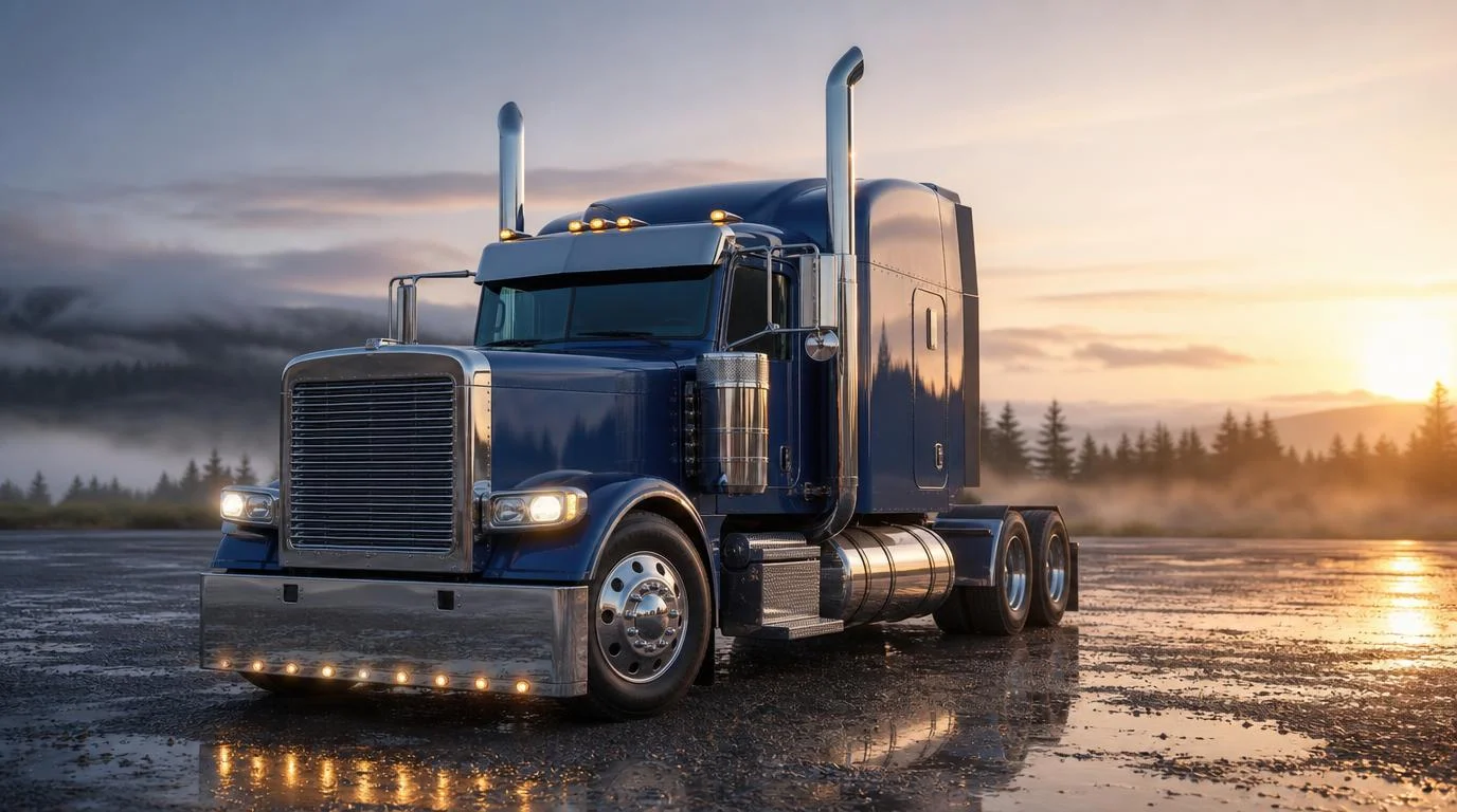 Tracteur routier bleu aux cheminées chromées stationné sur un sol mouillé au lever du jour
