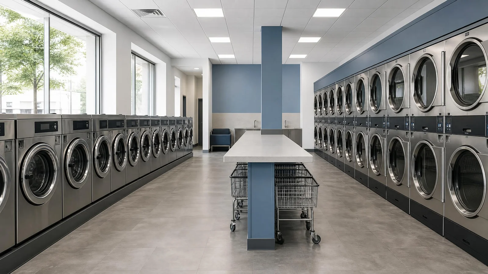 Two facing rows of stainless steel commercial laundry equipment in a modern self-serve laundromat