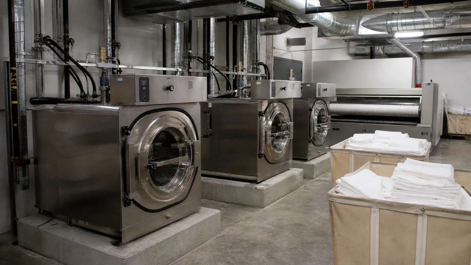 Three industrial washer extractors on concrete plinths beside a flatwork ironer in a hotel laundry room