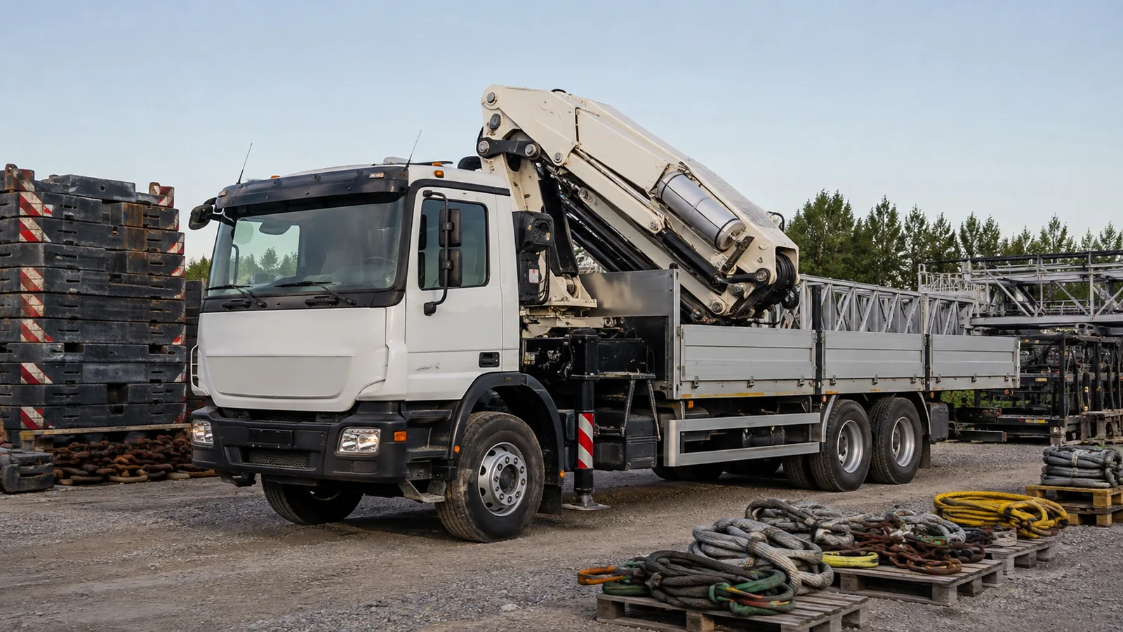 Camion-grue blanc, bras articulé replié sur le plateau, dans une cour d'équipement