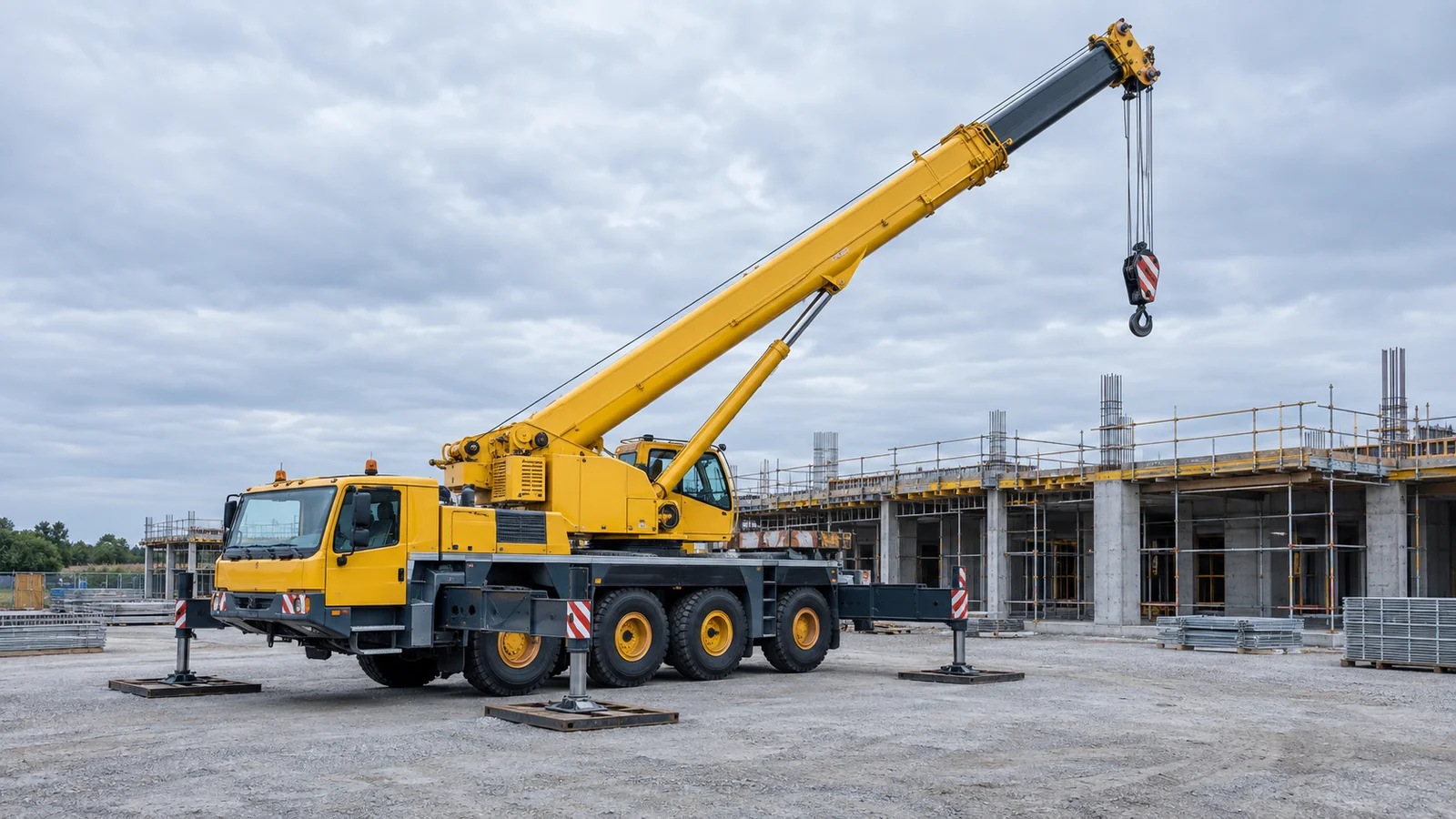 Grue mobile jaune, flèche déployée et stabilisateurs sortis sur un chantier de construction