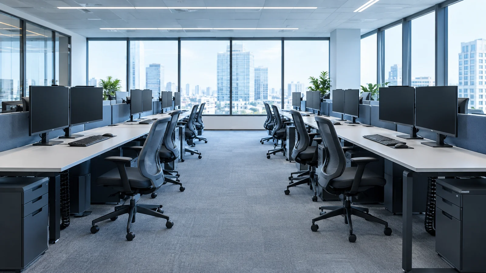 Deux rangées face à face de postes de travail à double écran dans un bureau à aire ouverte