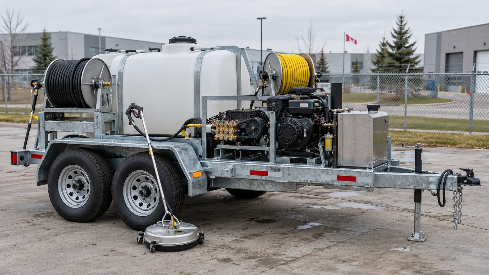 Trailer mounted hot water pressure washer with water tank, pump, engine and two hose reels