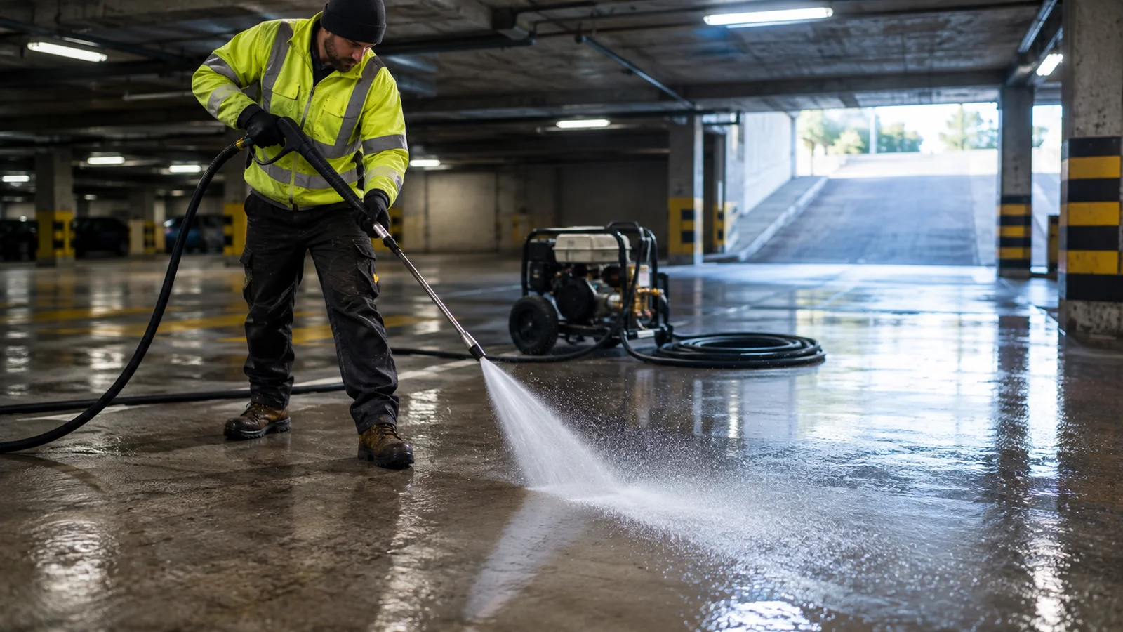 Cleaning contractor pressure washing the concrete deck of an underground parking garage