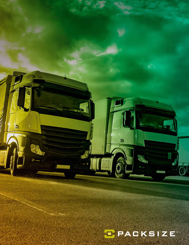 Trucks lined up to take shipments from a warehouse.