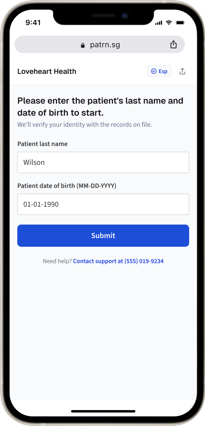Patient-facing form completion step 2