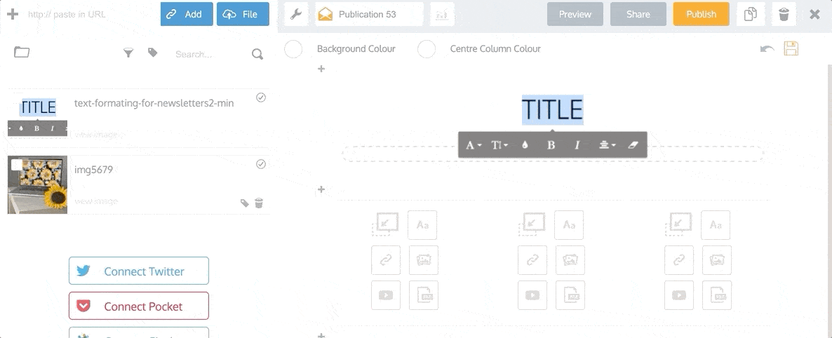 An Interface of an online HTML newsletter builder Publicate