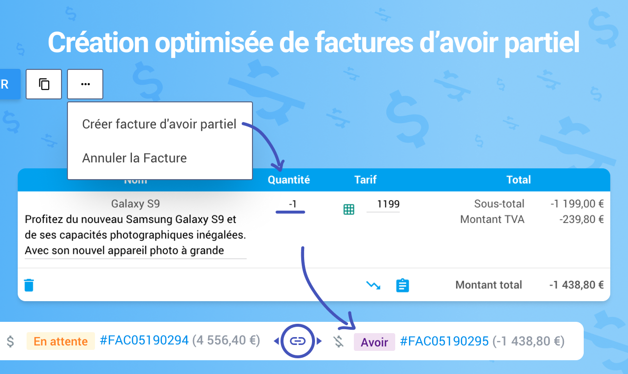 CRM avec création de facture d'avoir partiel