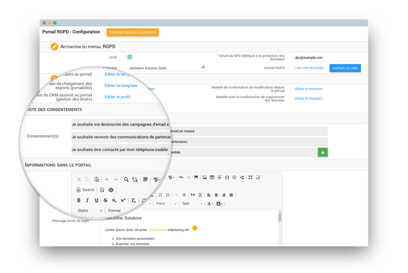 Configuration du portail RGPD