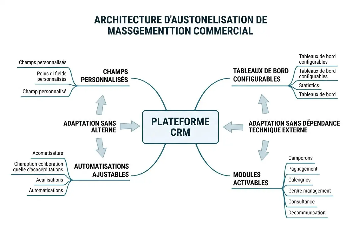 Diagramme décrivant une plateforme CRM avec modules personnalisables et tableaux de bord configurables pour le logiciel gestion commerciale pme.