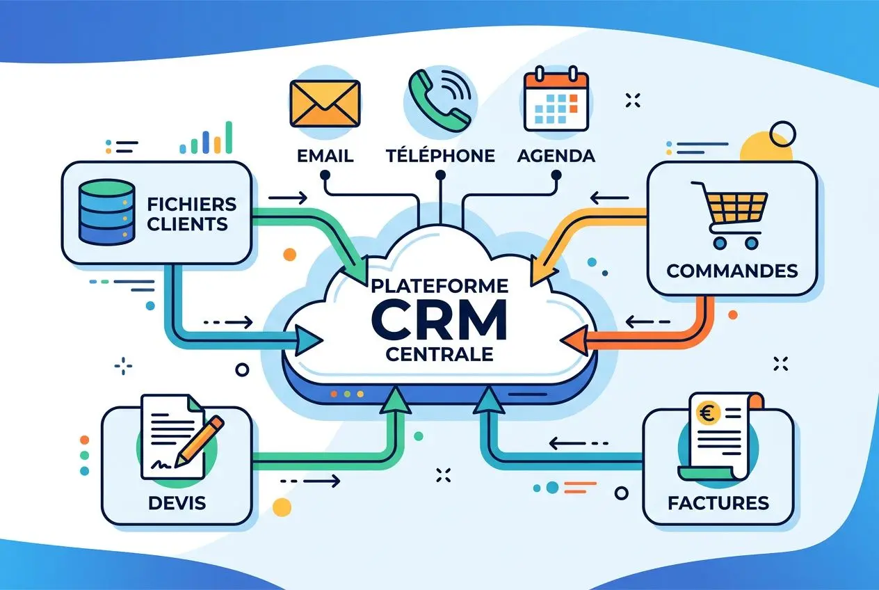 Plateforme CRM centrale montrant flux entre Fichiers clients, devis, factures, commandes et agenda, gestion commerciale PME.