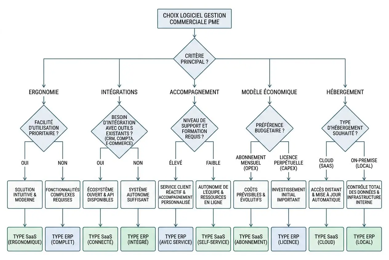 Diagramme d’aide à la sélection d’un logiciel gestion commerciale pme, flux logique des critères et solutions adaptées.