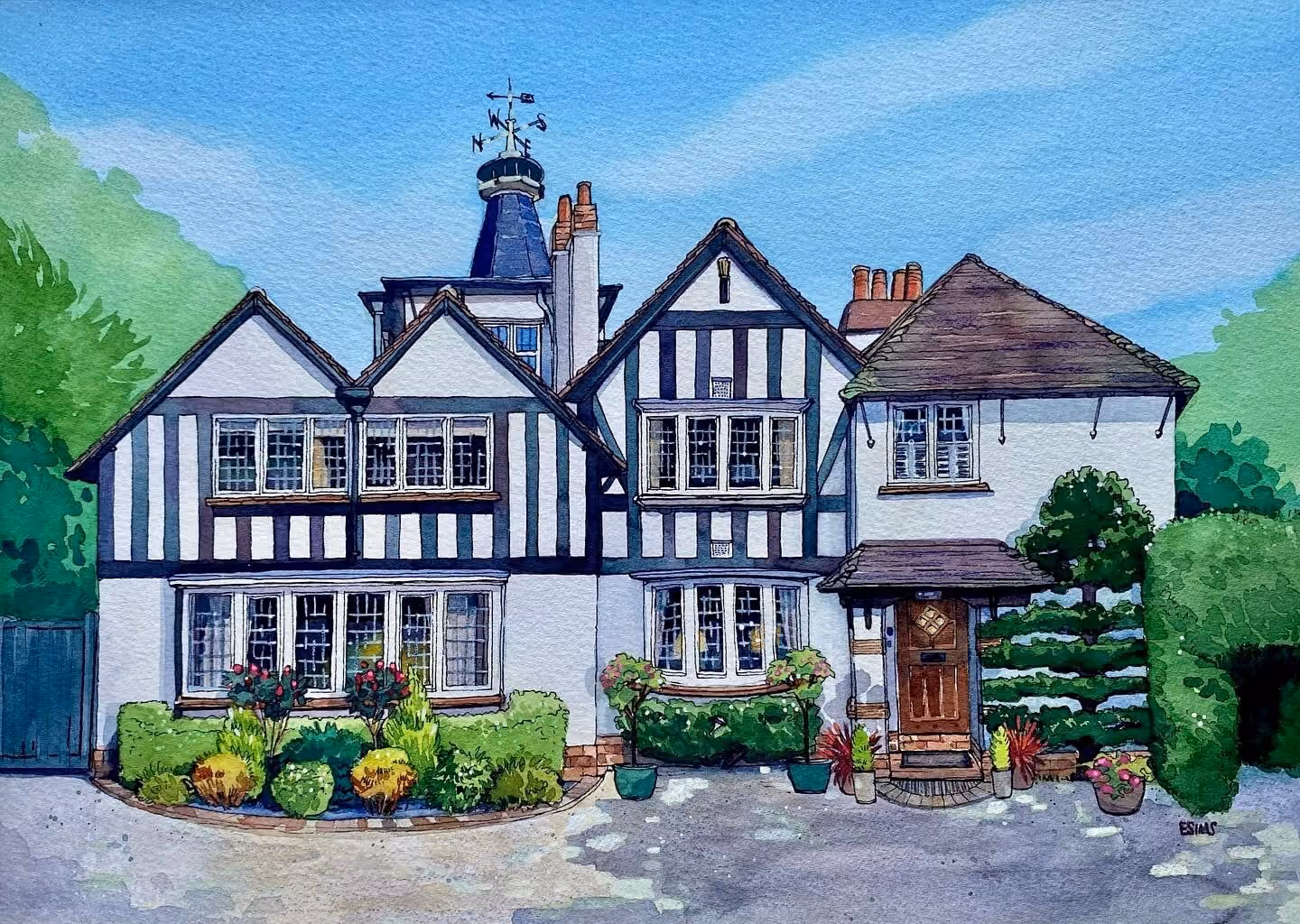 Bespoke ink and watercolour painting of an Arts and Crafts gabled period house with bay windows and garden gate