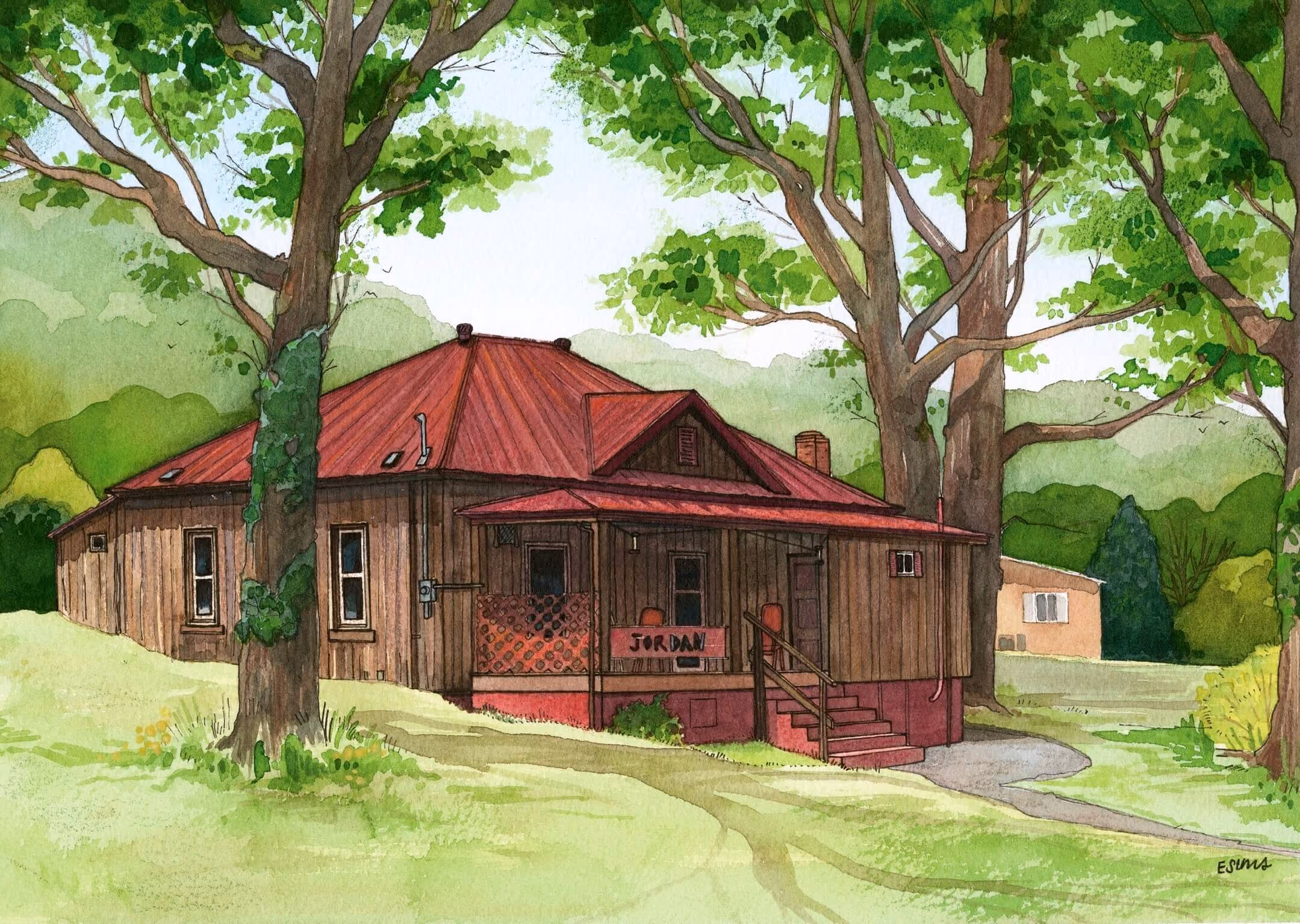 Watercolor painting of a brown wooden house with a red roof surrounded by large green trees and grassy lawn.