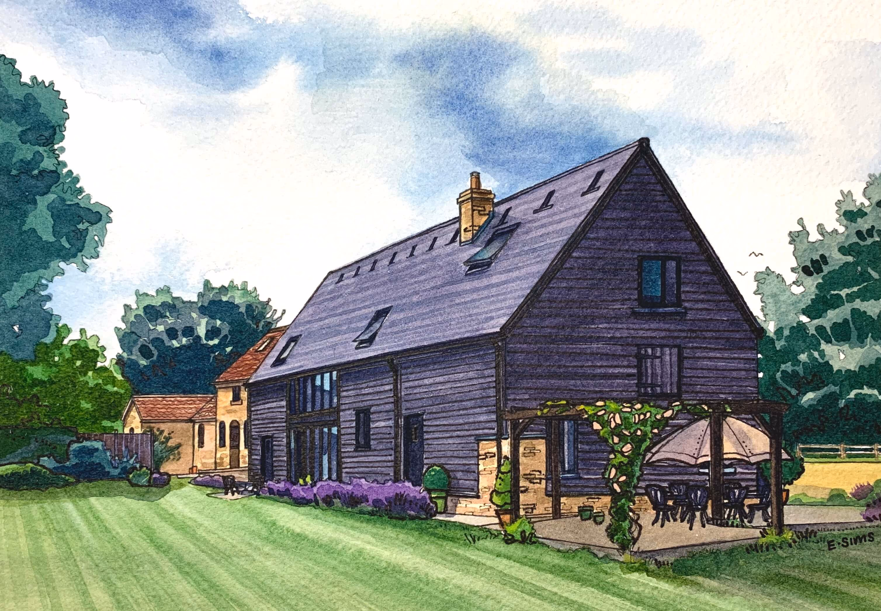 Watercolor painting of a modern barn-style house with dark siding, large windows, a garden pergola with a table and umbrella, surrounded by green lawn and trees under a partly cloudy sky.