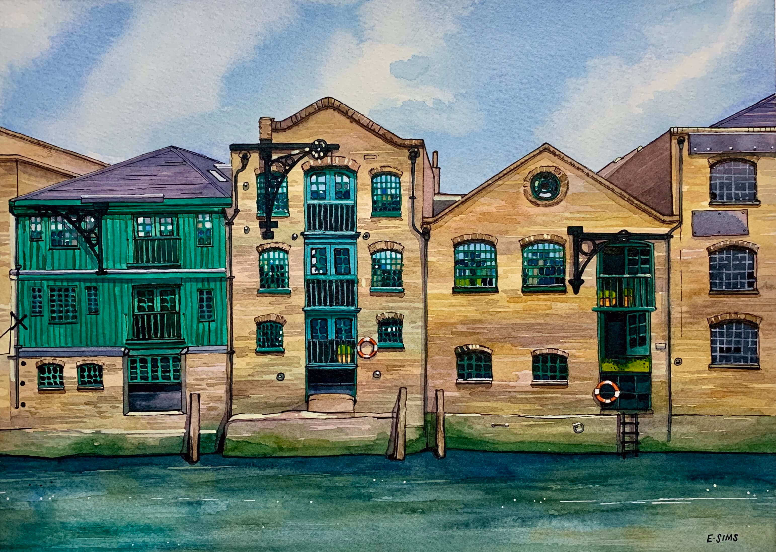 An ink and watercolour painting depicting a row of old English industrial buildings on a waterfront in London. The buildings have warm brown brickwork, dark green wooden cladding, plenty of windows and balconies. The orange life rings stand out against the brickwork.