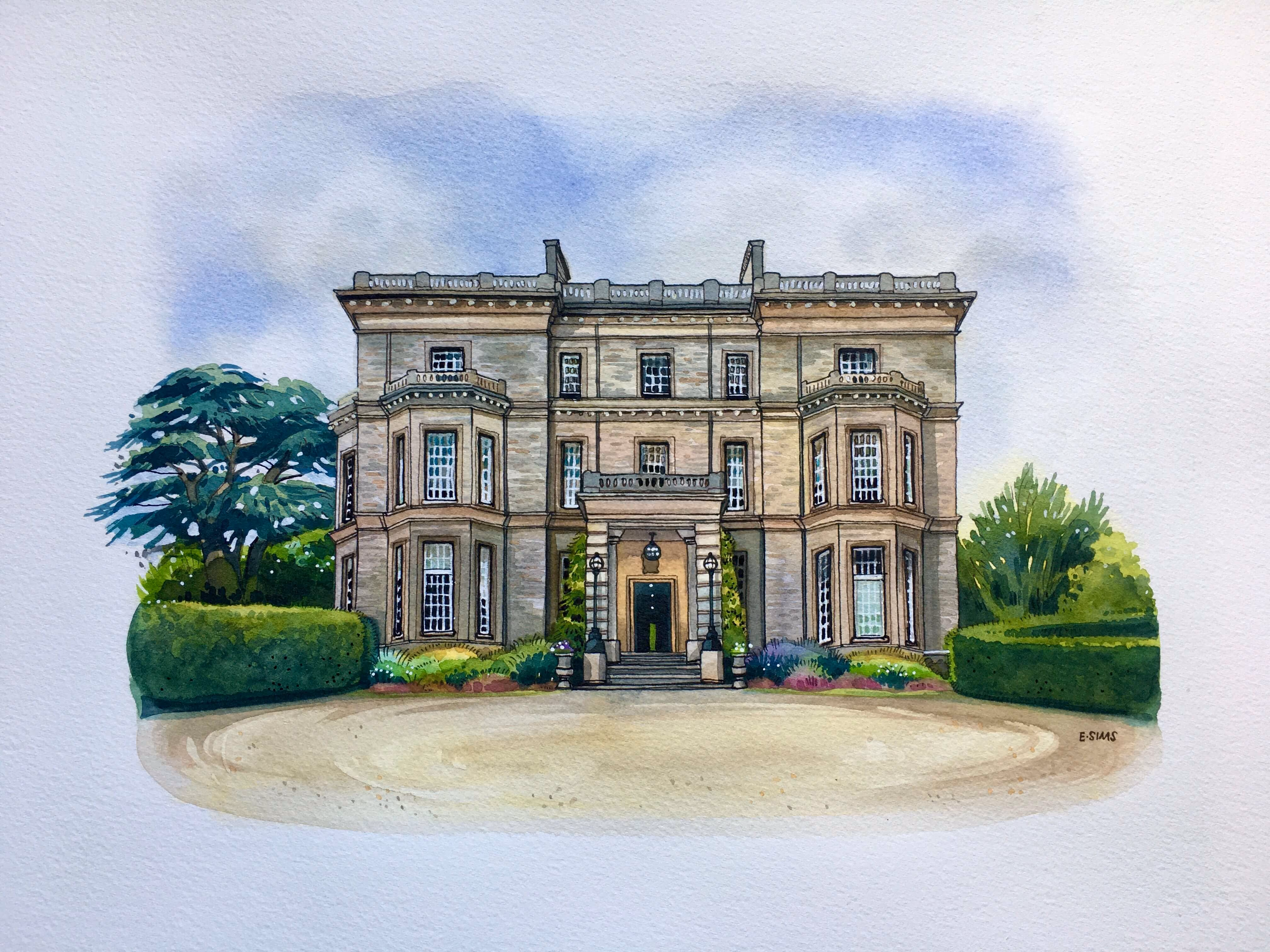Watercolor painting of a large historic stone mansion with symmetrical bay windows, surrounded by greenery and a circular driveway.