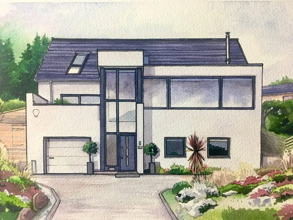 An ink and watercolour house portrait painting depicting a modern house with clean white walls, a blue grey roof, and grey window frames with large single panes of glass that reflect the blue grey sky. It has a minimal modern garden with burgundy and yellow grasses. The fron t door is framed with 2 small box trees in grey pots.