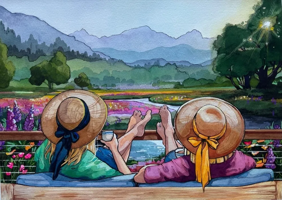 Couple portrait commission showing two women, in hats, sat on a balcony looking at the view of the mountains. Painted in custom watercolour and ink technique.