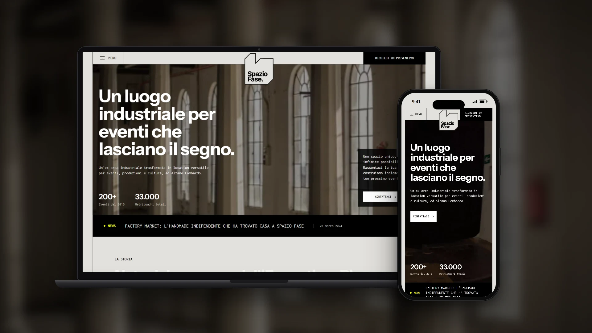 Sito Spazio Fase su laptop e smartphone: la home con il colonnato dell'ex Cartiera Pigna