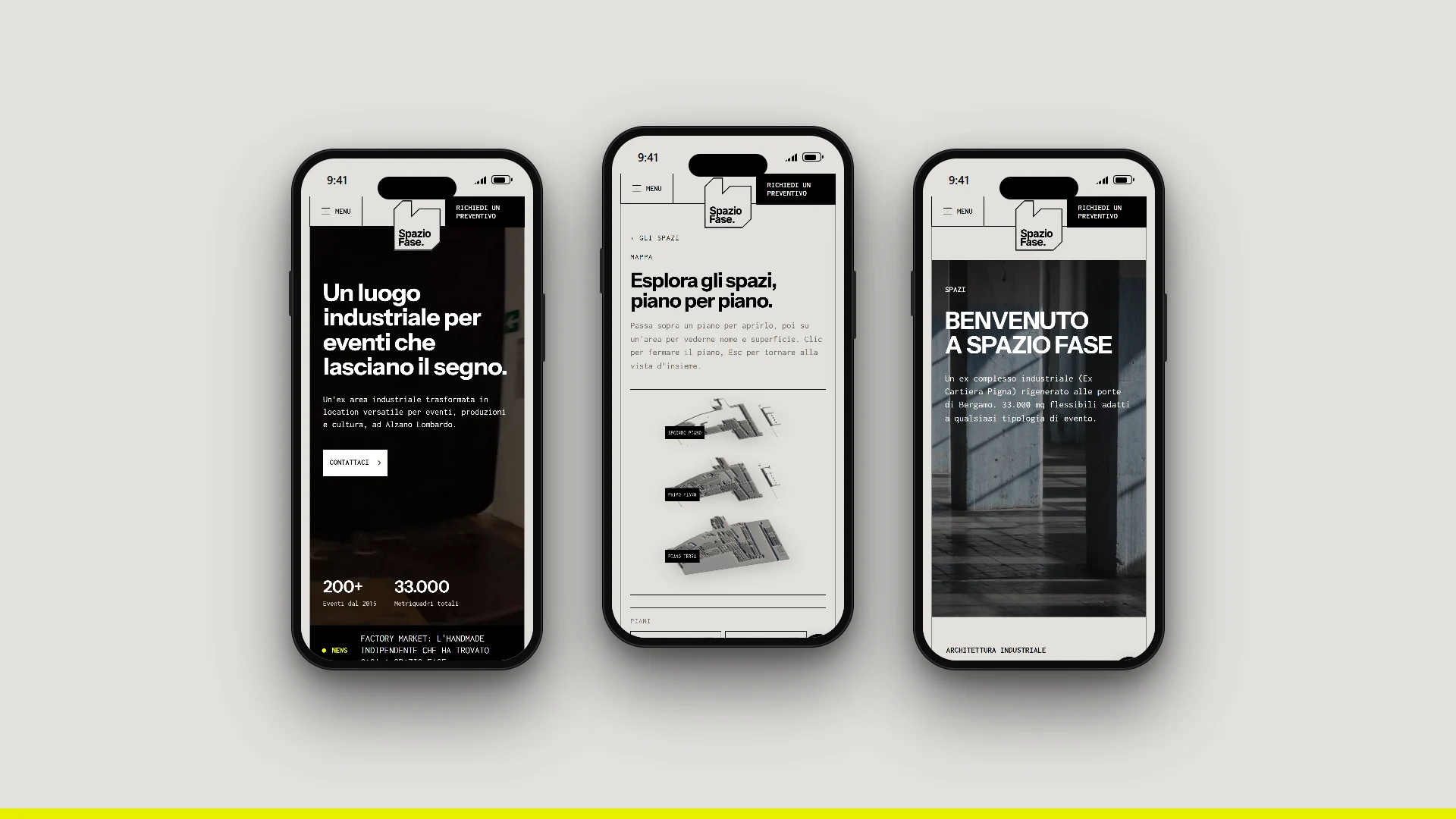 Tre smartphone con home, mappa e pagina spazi del sito Spazio Fase