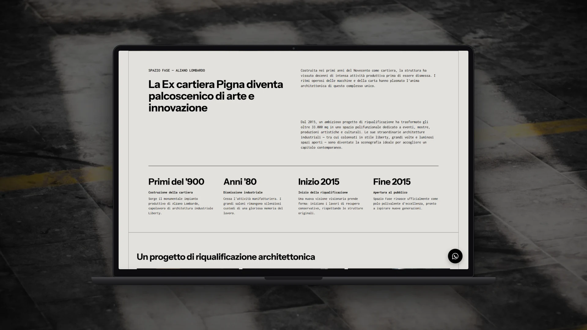 Pagina storia del sito Spazio Fase con la timeline dell'ex Cartiera Pigna