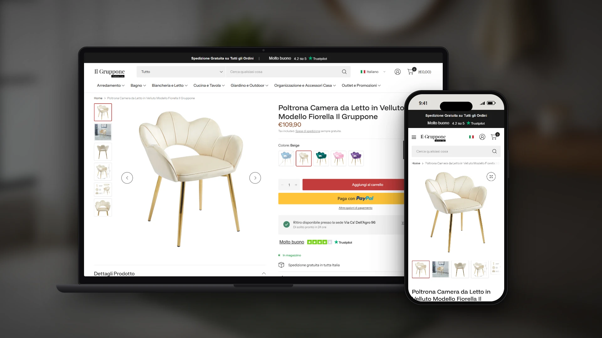 Scheda prodotto di una poltrona in velluto con le varianti di colore su laptop e smartphone