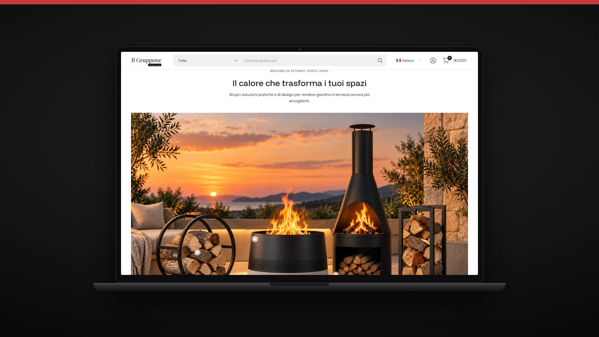 Sezione bracieri da esterno della homepage ilGruppone su laptop