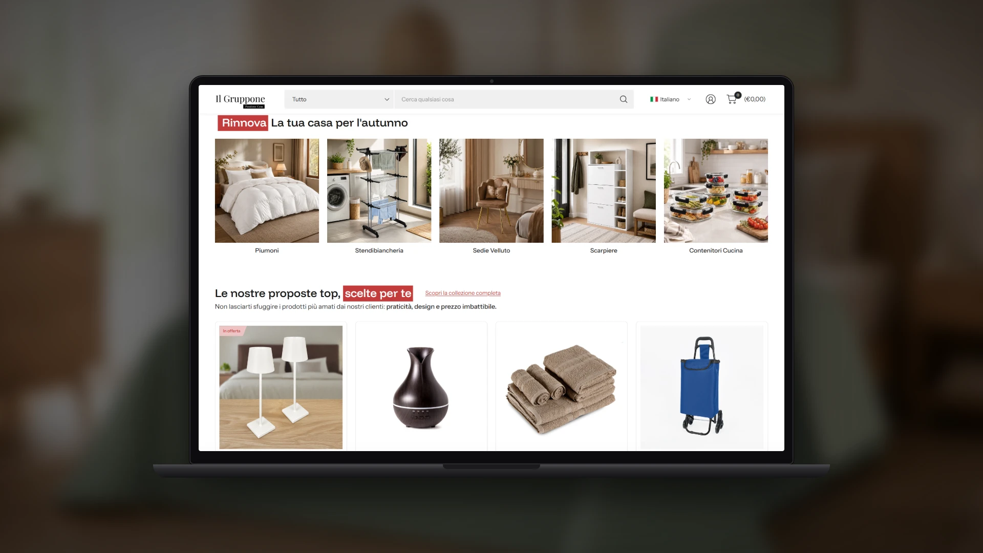 Homepage ilGruppone su laptop con le categorie di stagione e i prodotti più scelti