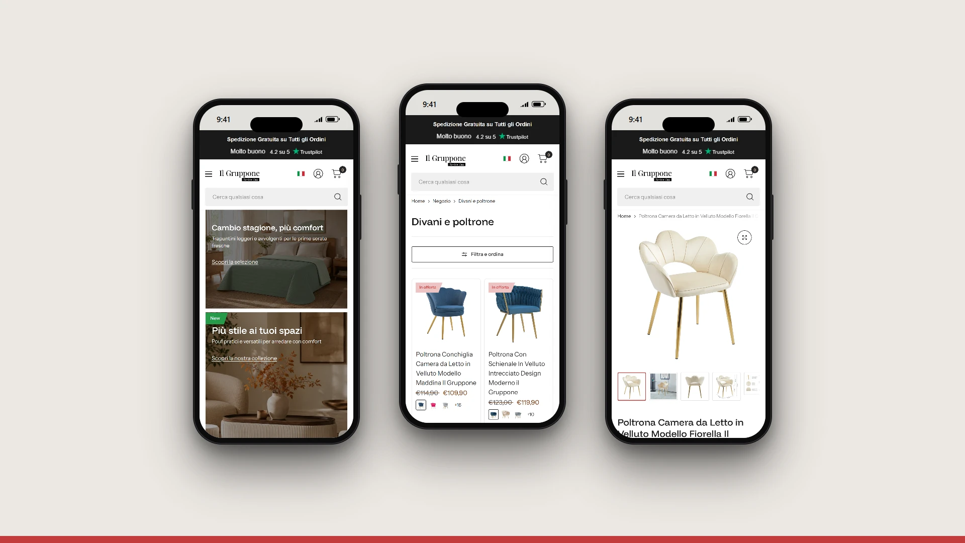 Tre smartphone con homepage, collezione e scheda prodotto dello store ilGruppone
