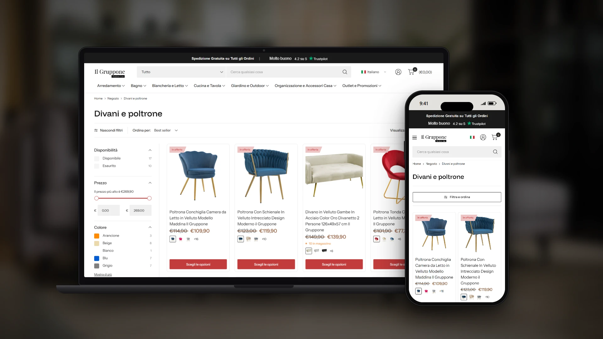 Pagina collezione Divani e poltrone con i filtri per disponibilità, prezzo e colore su laptop e smartphone