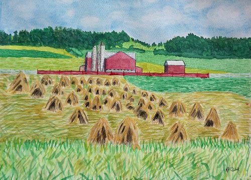 Watercolor by Vince Criqui of red barns in valley with hay stacks