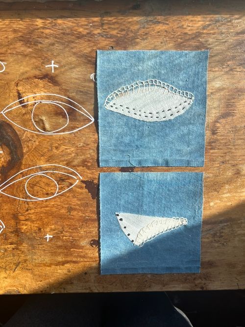 blue fabric with eye shape on wood by Mina Teslaru