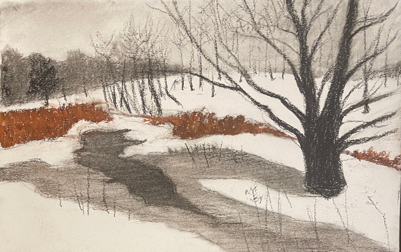 painting man and dog walking in snow by Joe Miller