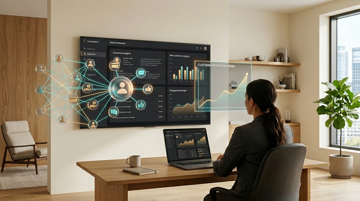 A marketing businesswoman looking at customer insights data shown on a wall monitor and a laptop screen, the data is represented by graphs, trends, and information through a Customer Insights Platform like Capillary Technologies.