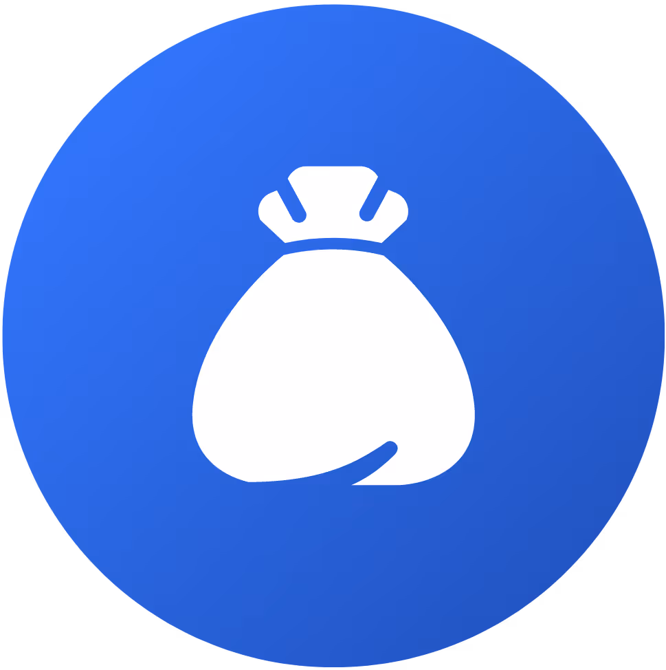 White money bag icon on a blue circular background.