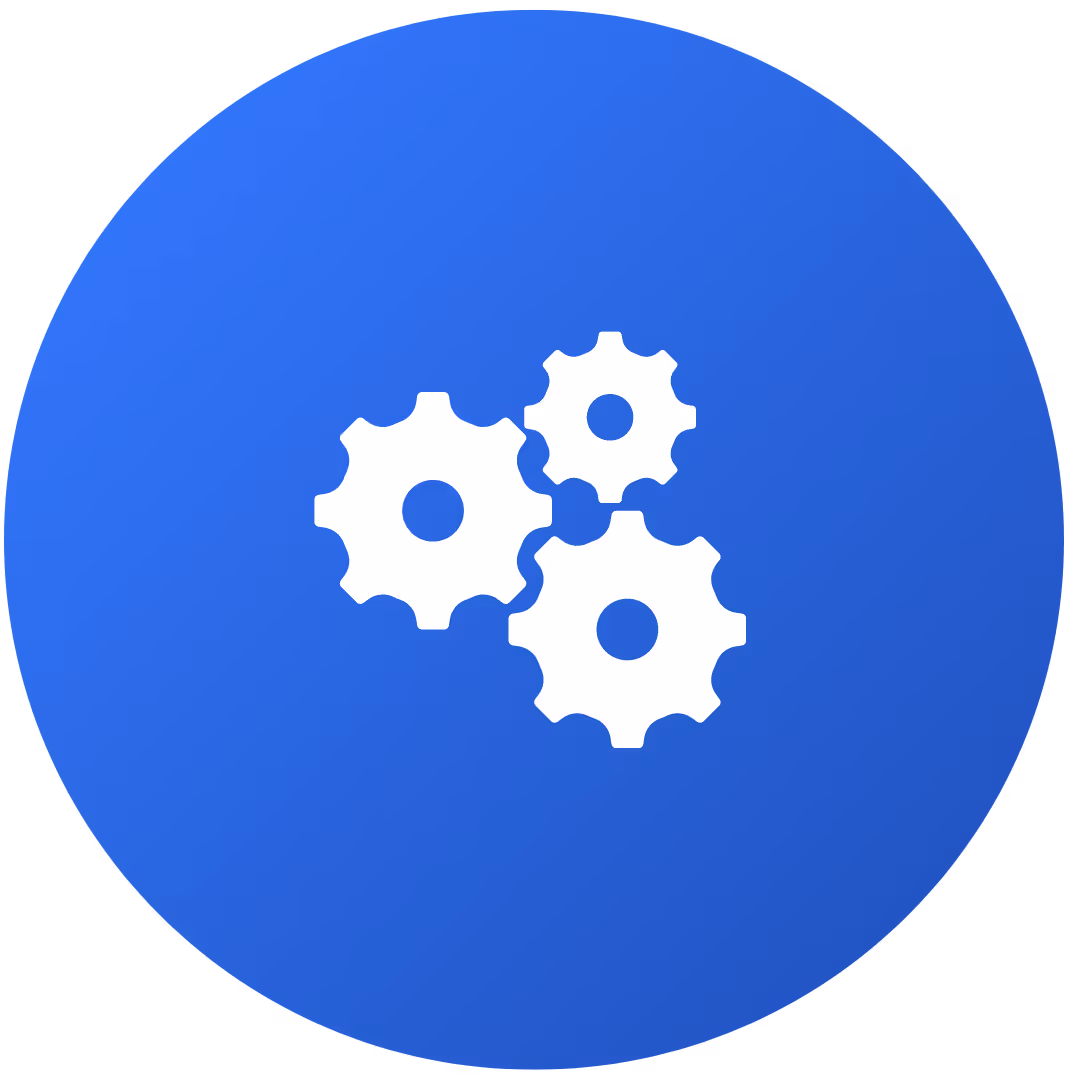 Three white interlocking gears on a blue circular background representing settings or configuration.