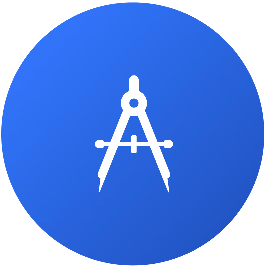 White drawing compass icon centered on a blue circular background.